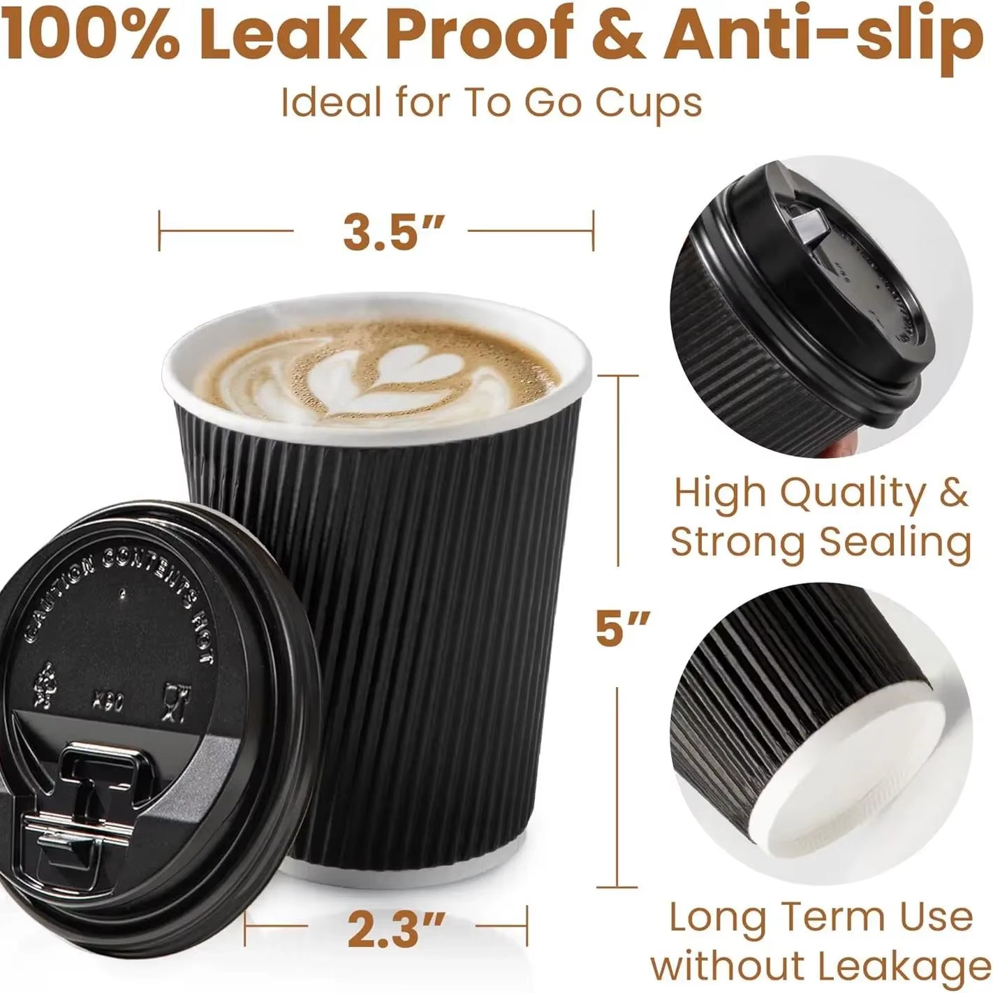 12OZ Black Disposable Coffe Cups with Lids Corrugated Triple Wall to Go Hot Cups Insulated Paper Cups for Hot Drinks Home Office