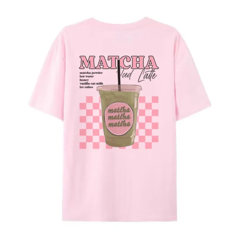Y2K Aesthetic Matcha Latte Back Print T-Shirt Cute Matcha Lover T Shirt Egirl Loose Retro Streetwear Tops Women Fashion Clothing