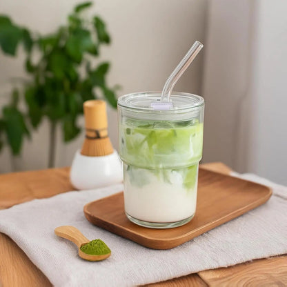 [New Deal] 13Oz Glass Tumbler with Straw and Lid Sealed, Carry on Reusable Iced Coffee Cups,Thick Wall Glass Coffee Drinking Glassware Cups