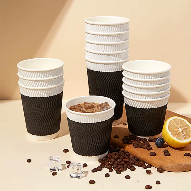 12OZ Black Disposable Coffe Cups with Lids Corrugated Triple Wall to Go Hot Cups Insulated Paper Cups for Hot Drinks Home Office