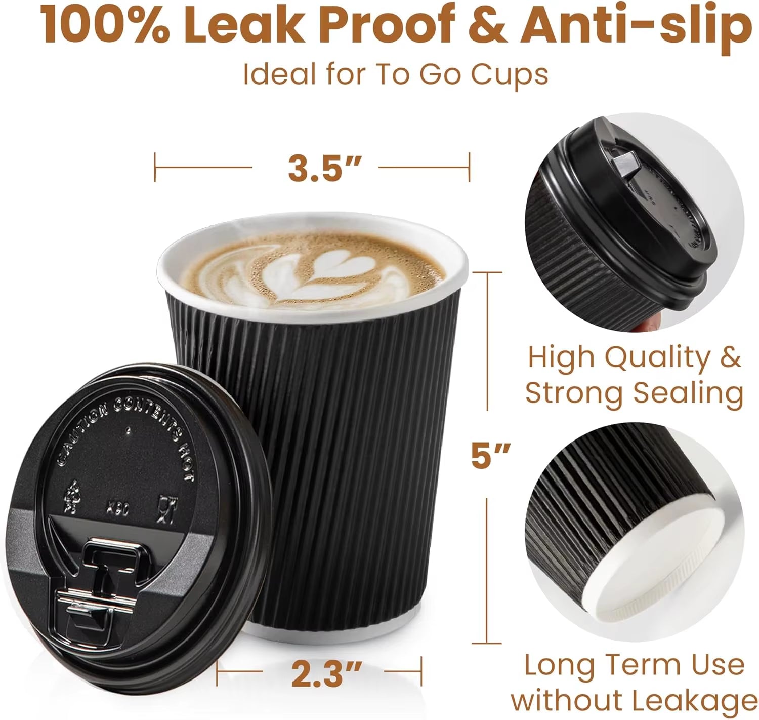 12OZ Black Disposable Coffe Cups with Lids Corrugated Triple Wall to Go Hot Cups Insulated Paper Cups for Hot Drinks Home Office