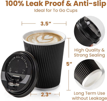 12OZ Black Disposable Coffe Cups with Lids Corrugated Triple Wall to Go Hot Cups Insulated Paper Cups for Hot Drinks Home Office