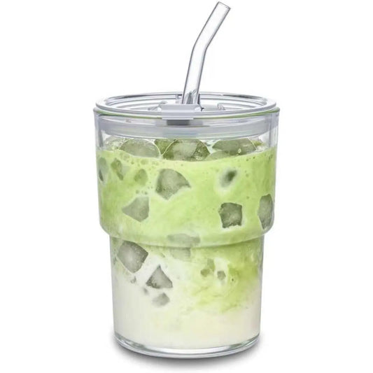 [New Deal] 13Oz Glass Tumbler with Straw and Lid Sealed, Carry on Reusable Iced Coffee Cups,Thick Wall Glass Coffee Drinking Glassware Cups