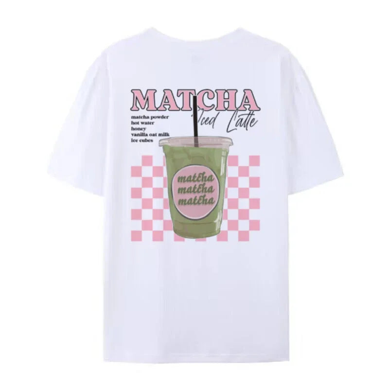Y2K Aesthetic Matcha Latte Back Print T-Shirt Cute Matcha Lover T Shirt Egirl Loose Retro Streetwear Tops Women Fashion Clothing