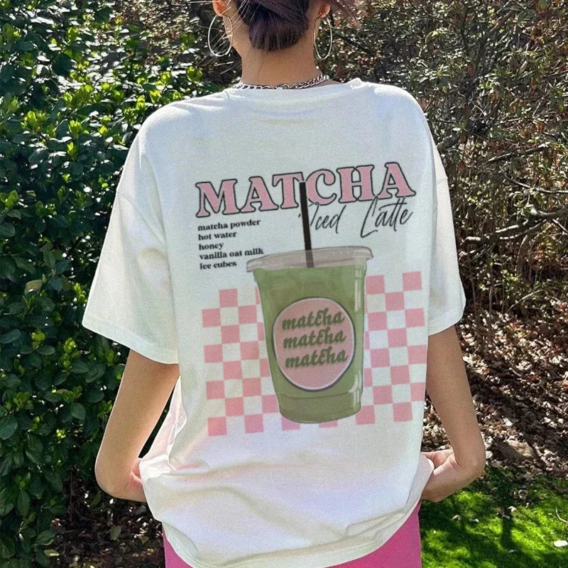 Y2K Aesthetic Matcha Latte Back Print T-Shirt Cute Matcha Lover T Shirt Egirl Loose Retro Streetwear Tops Women Fashion Clothing