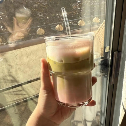 [New Deal] 13Oz Glass Tumbler with Straw and Lid Sealed, Carry on Reusable Iced Coffee Cups,Thick Wall Glass Coffee Drinking Glassware Cups