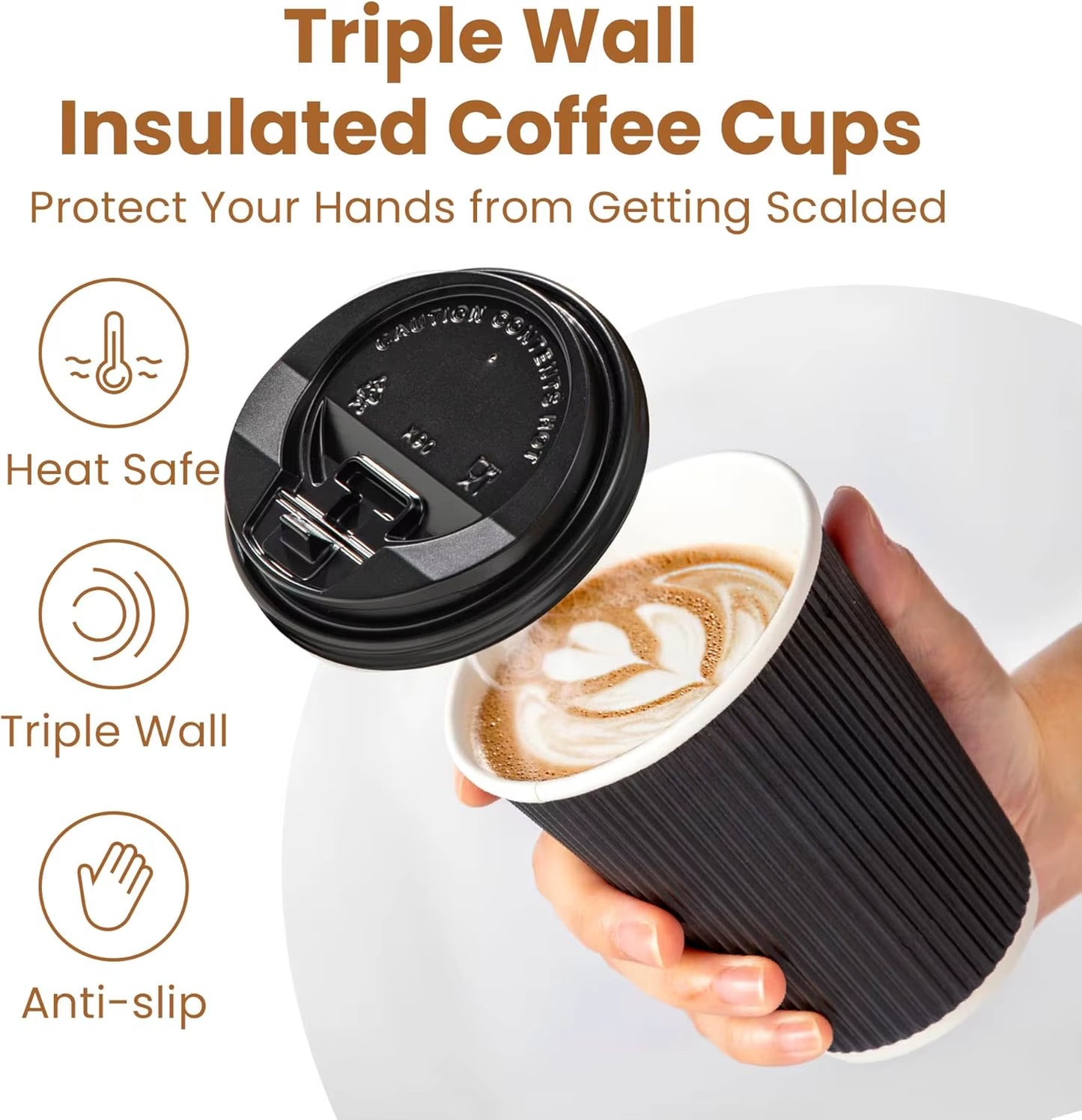 12OZ Black Disposable Coffe Cups with Lids Corrugated Triple Wall to Go Hot Cups Insulated Paper Cups for Hot Drinks Home Office