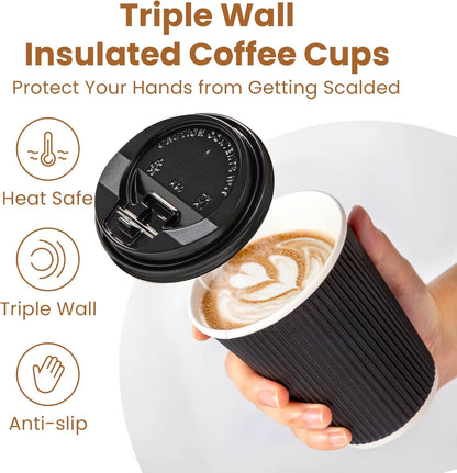12OZ Black Disposable Coffe Cups with Lids Corrugated Triple Wall to Go Hot Cups Insulated Paper Cups for Hot Drinks Home Office